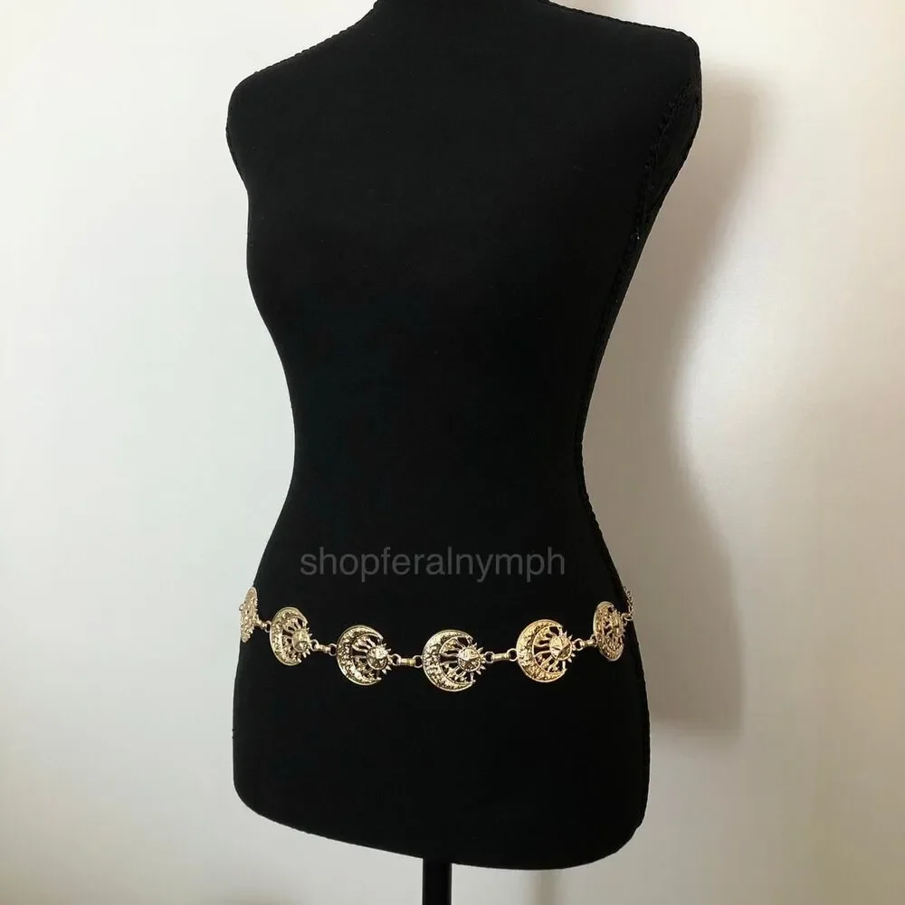 Vintage Y2K Celestial Gold Sun and Moon Chain Belt, Up to 40 Inches, X7GA1147